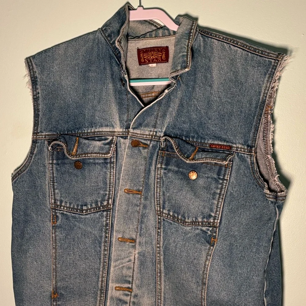 Lucky Star Vintage Denim Jean Vest with Frayed Hems Size L Large - Picture 2 of 14